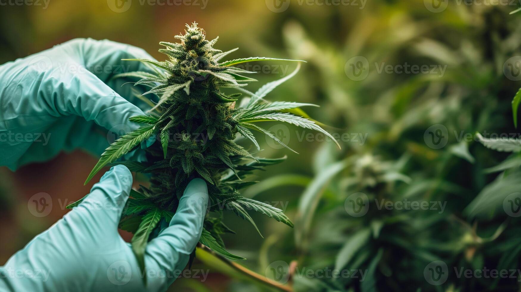 AI generated Female scientist in medical gloves holding a cannabis plant in her hand. photo