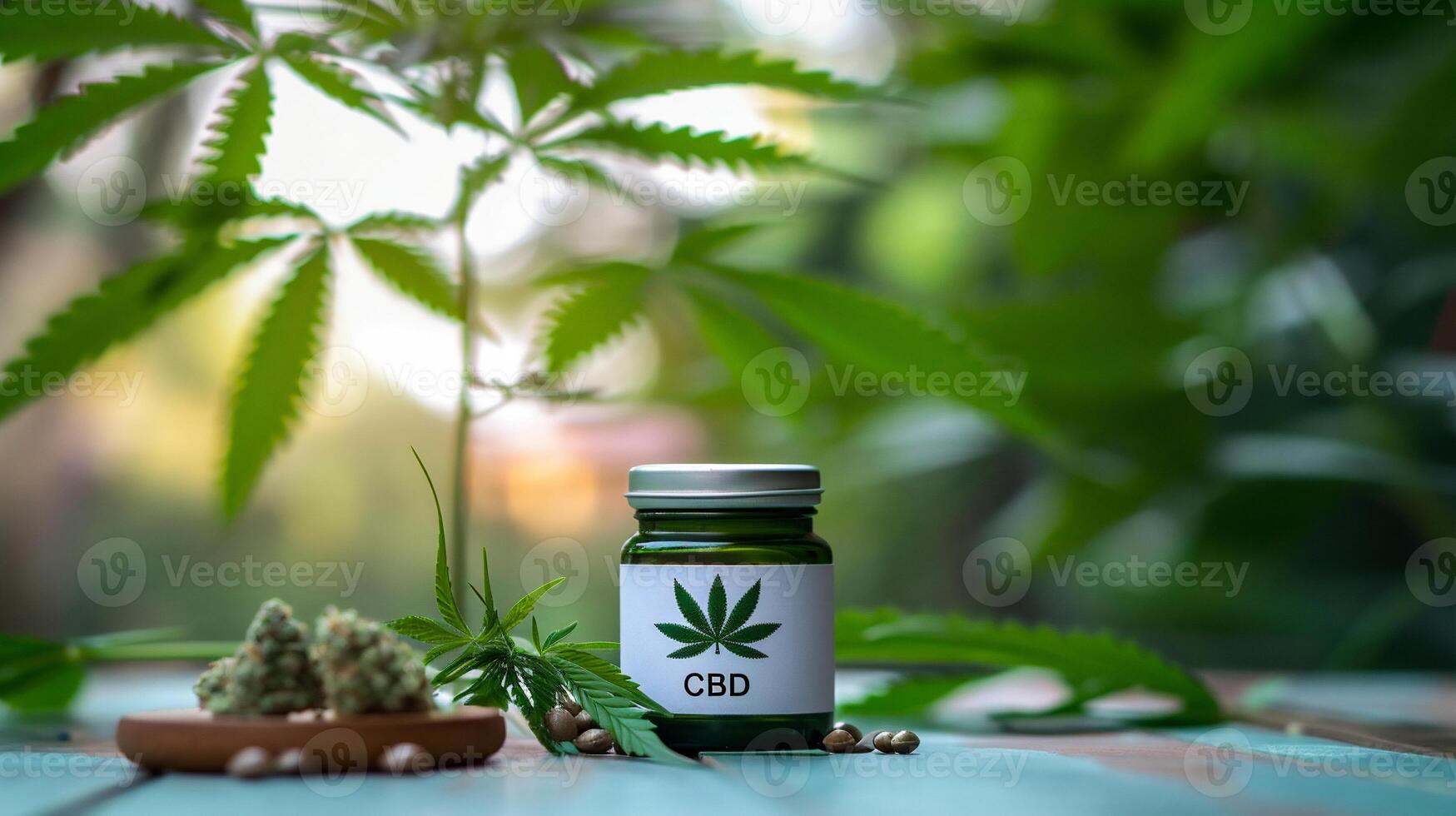 AI generated Cannabis CBD oil in a bottle with marijuana leaves and seeds on a wooden table with a blurred background photo