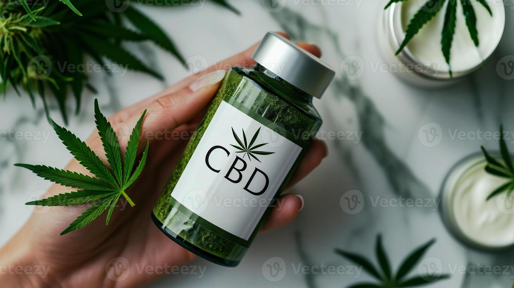 AI generated Cannabis CBD oil in a glass bottle. Alternative medicine. photo