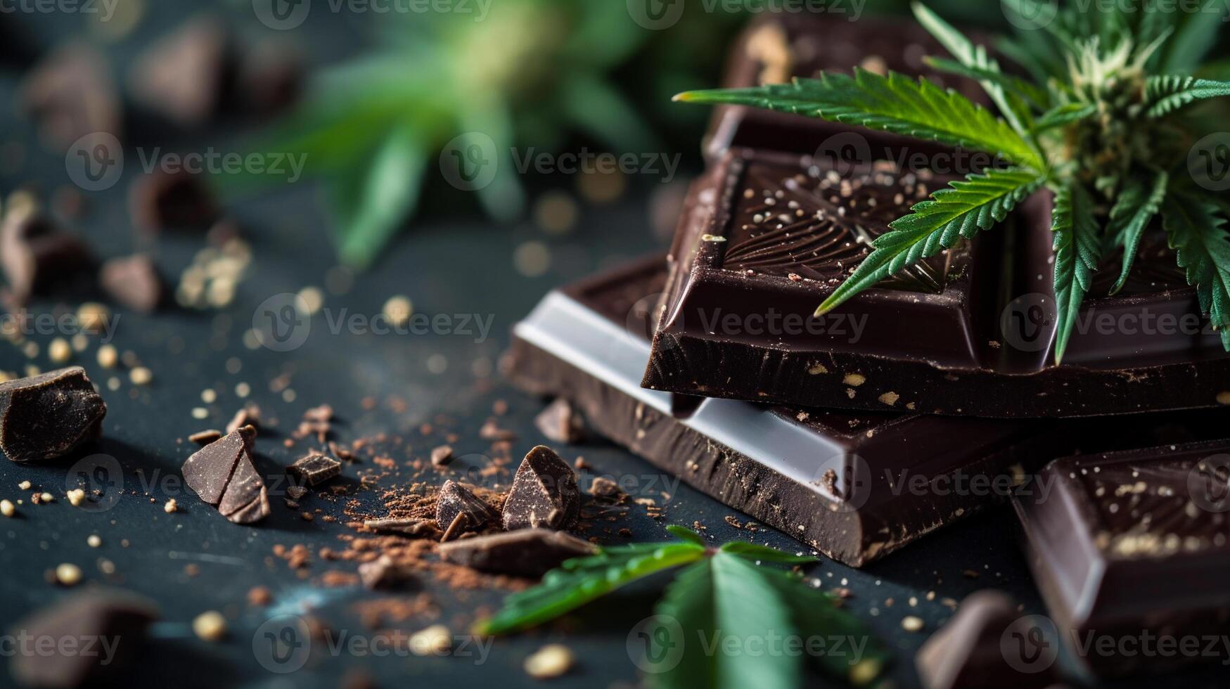 AI generated Chocolate bar with marijuana leaves and grinder on dark background. photo