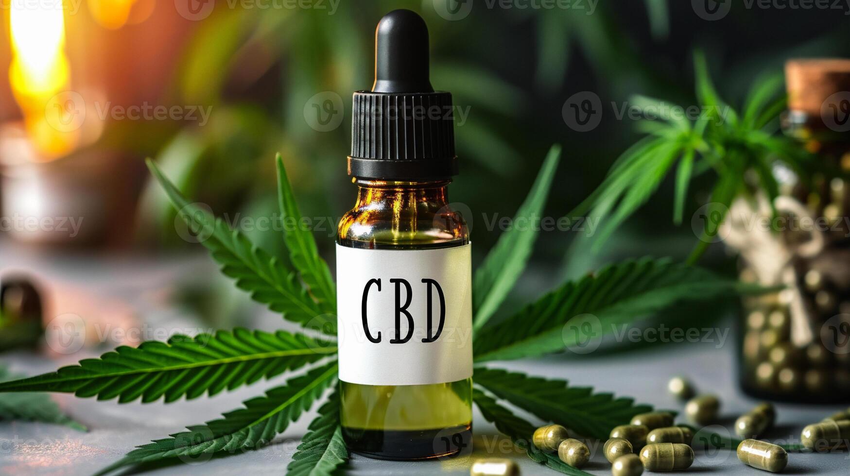 AI generated Cannabis CBD oil in a glass bottle. Cannabis extract. Medicinal indica with CBD. photo