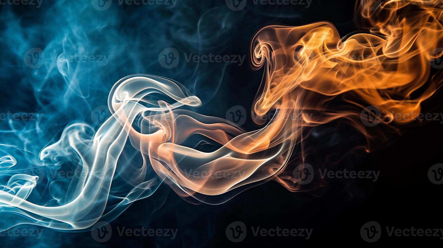 AI generated Colorful smoke of orange, yellow and blue on a black isolated background. Background from the smoke of vape photo