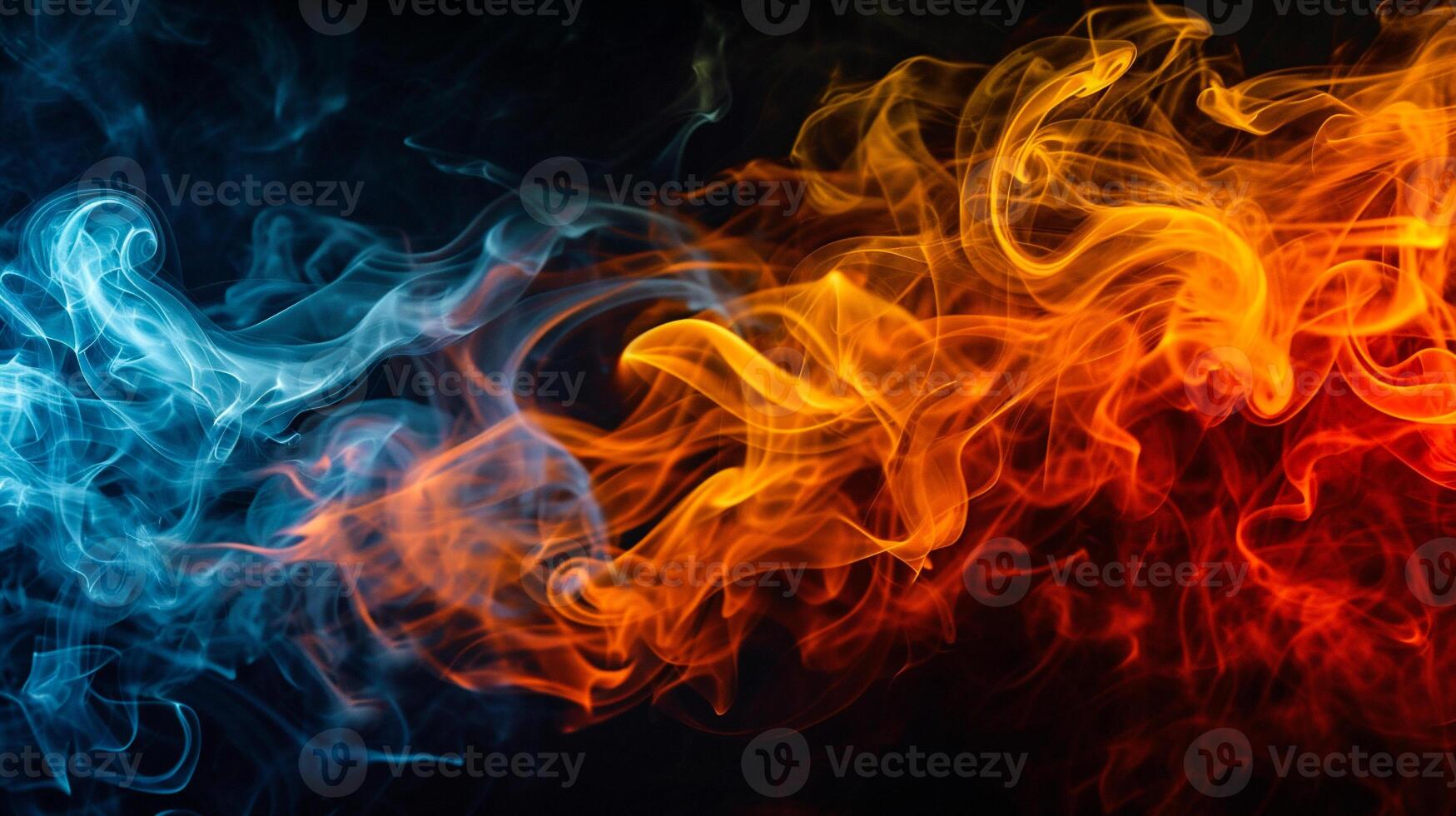 AI generated Colorful smoke of orange, yellow and blue on a black isolated background. Background from the smoke of vape photo