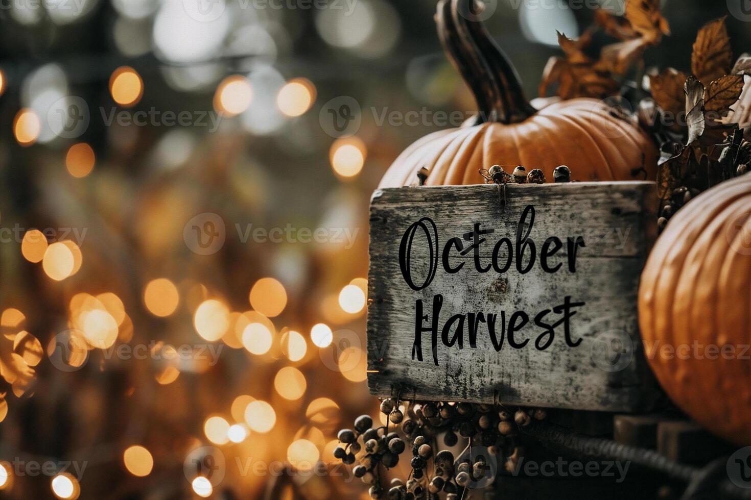 AI generated Wooden signboard with text October Harvest. Autumn background with pumpkins. photo