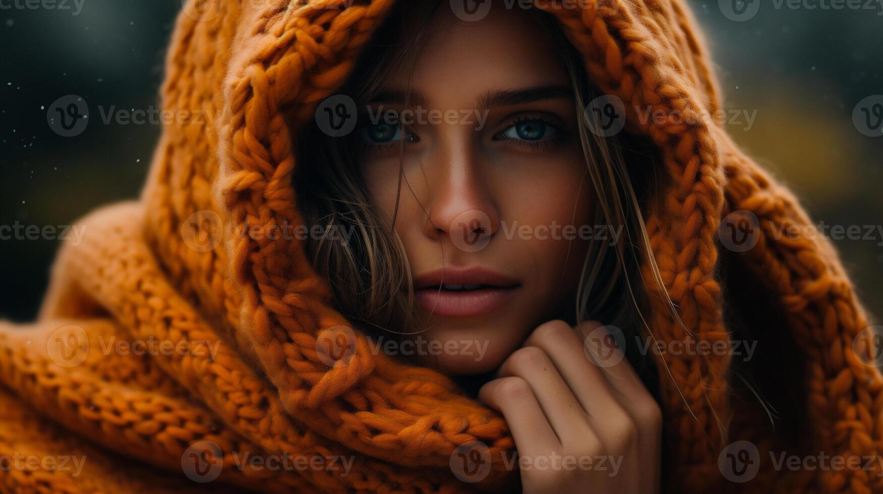AI generated Beautiful girl in a yellow sweater with long hair. Autumn fashion. photo