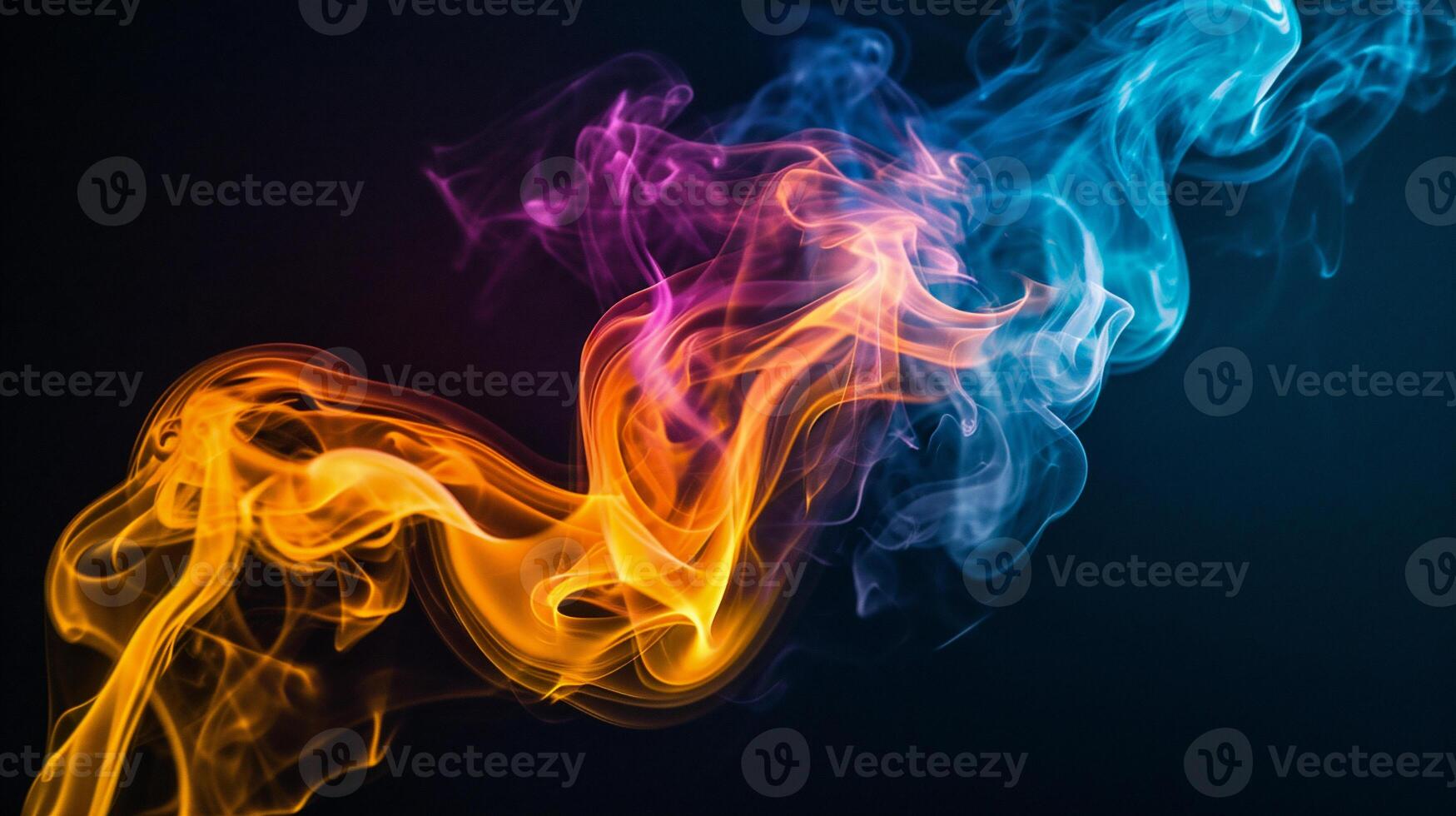 AI generated Colorful smoke of orange, yellow and blue on a black isolated background. Background from the smoke of vape photo