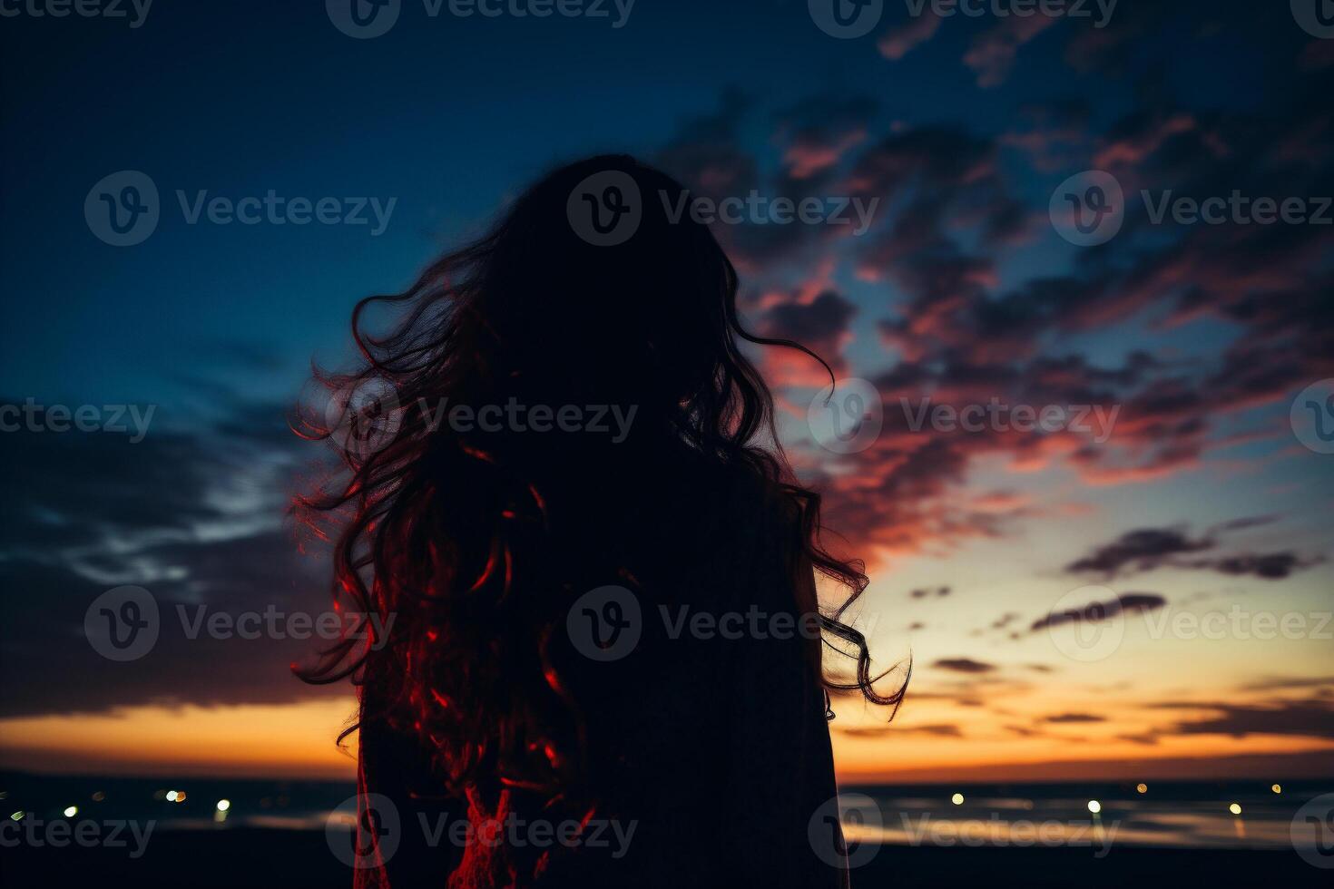 AI generated Silhouette of a beautiful young woman on the background of the starry sky photo