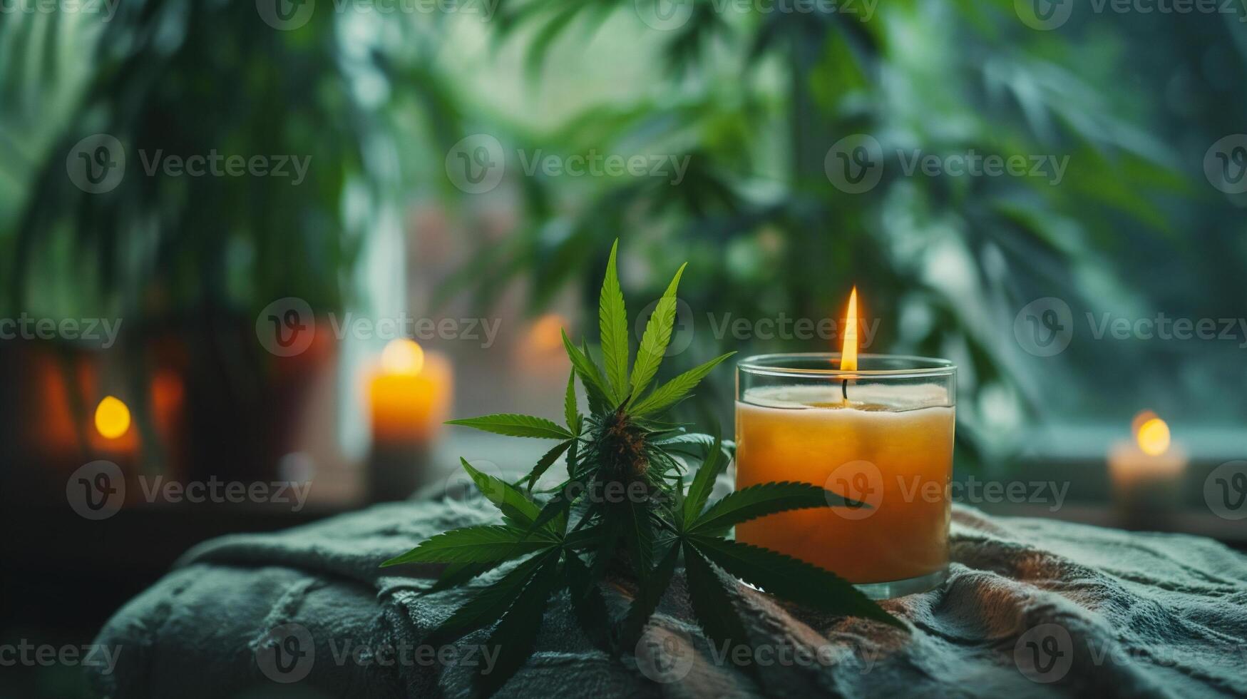 AI generated Cannabis leaves and candles on a background of green leaves photo