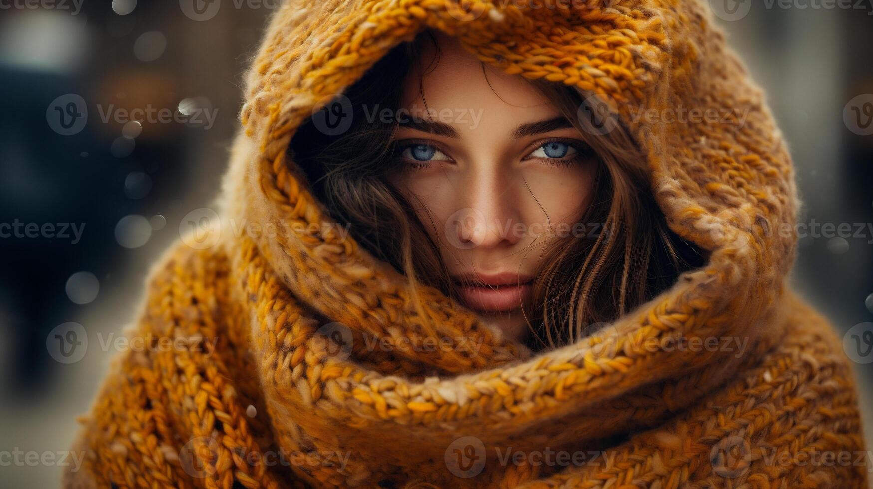 AI generated Beautiful girl in a yellow sweater with long hair. Autumn fashion. photo