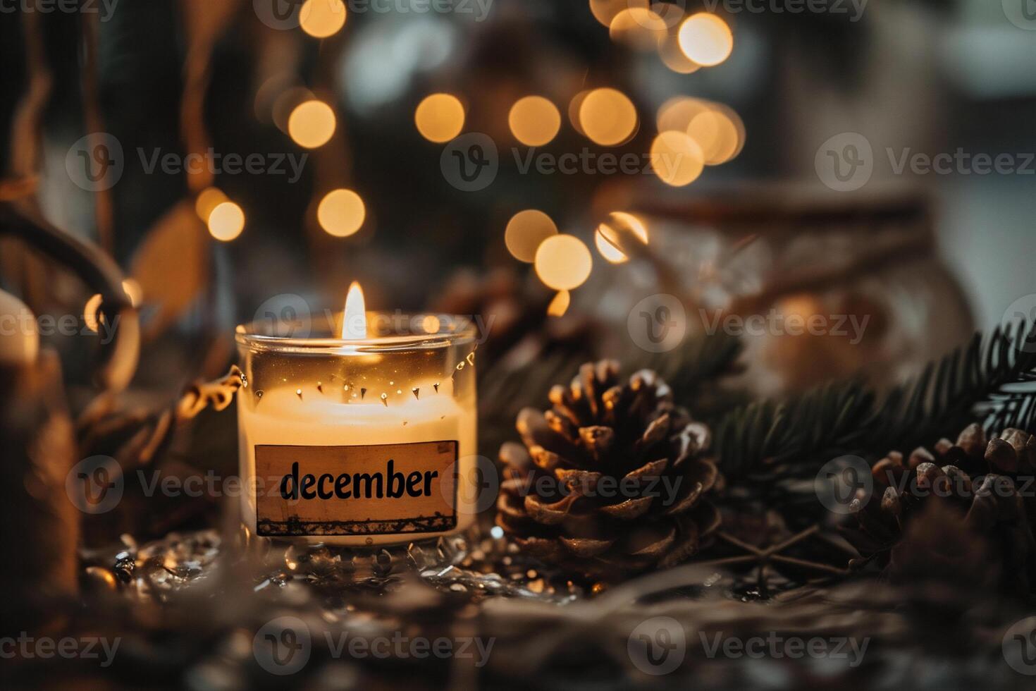 AI generated Hello December text on paper card with christmas lights on wooden background photo