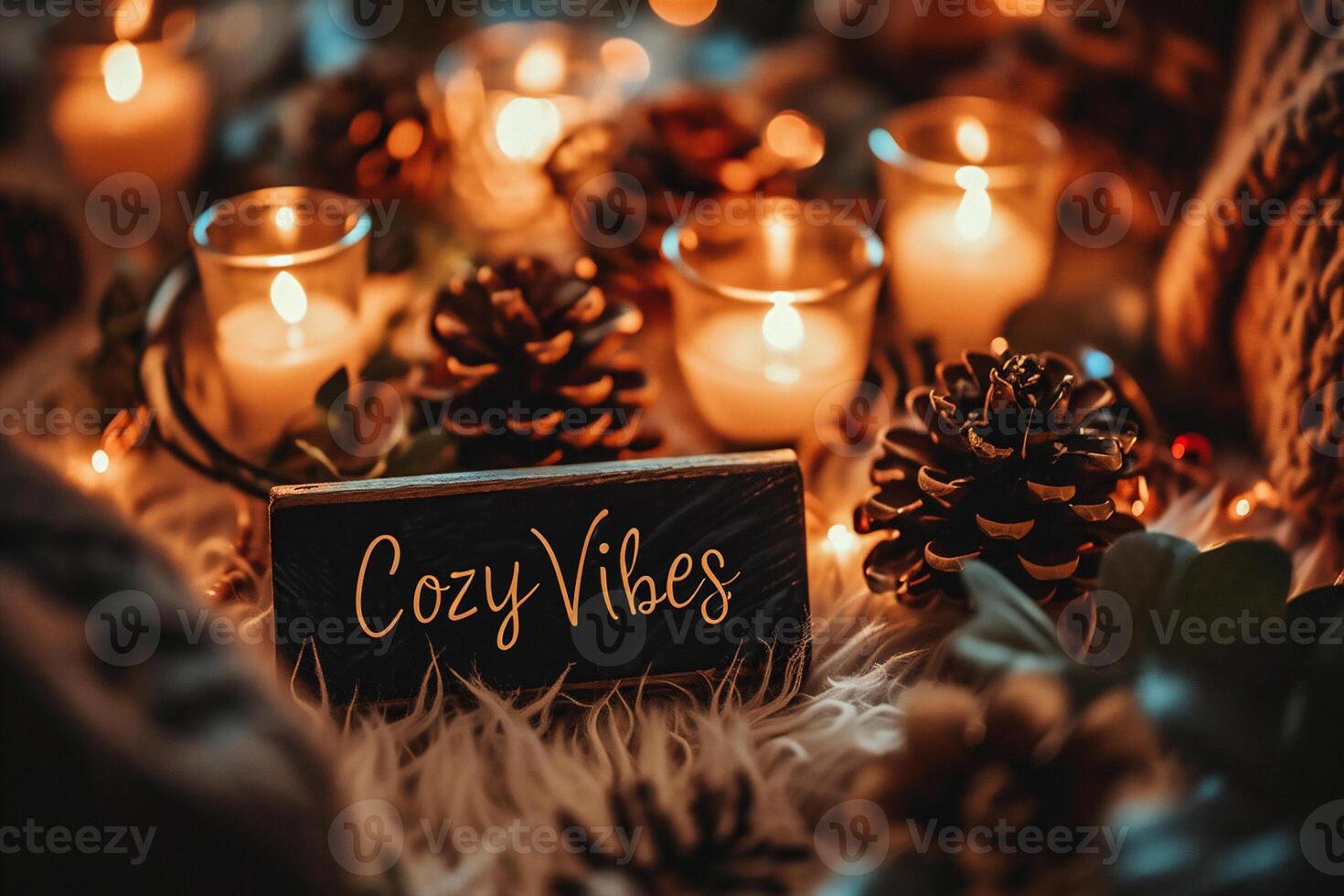 AI generated Cozy Vibes written on wooden board with burning candles. photo