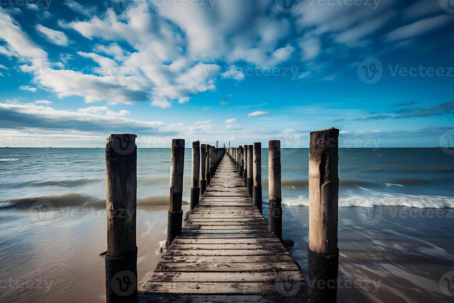 AI generated Wooden jetty on the beach with blue sky and white clouds photo