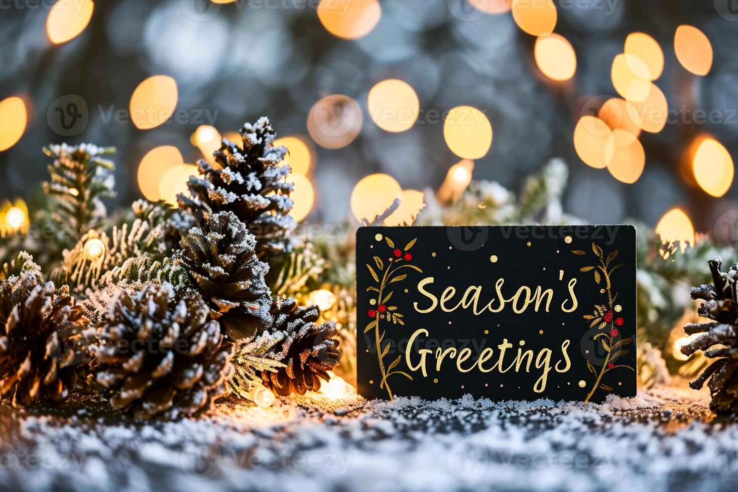 AI generated Christmas greeting card with text Season's Greetings. Blurred background. photo