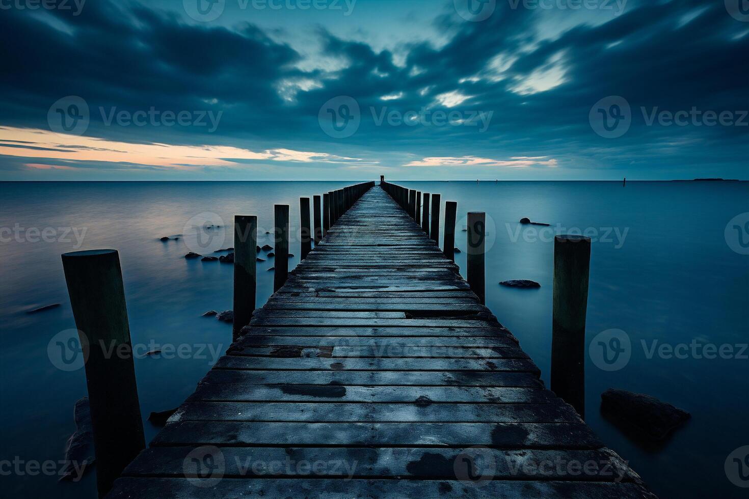 ai generado de madera embarcadero en el playa con azul cielo y blanco nubes foto