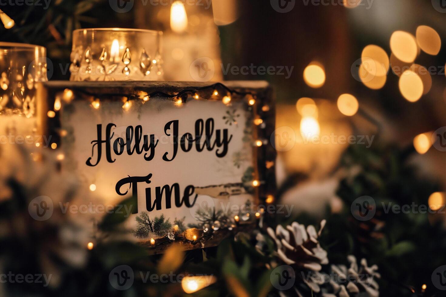 AI generated Christmas and New Year background with candles, fir branches, pine cones. photo