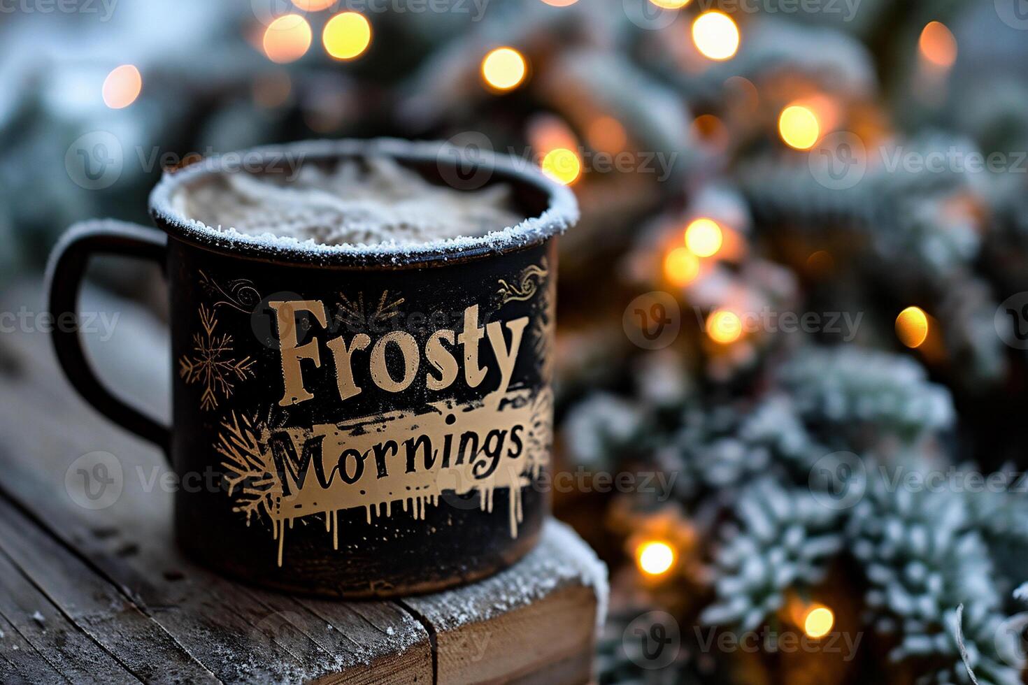 AI generated Cup of coffee with christmas decoration on wooden background photo