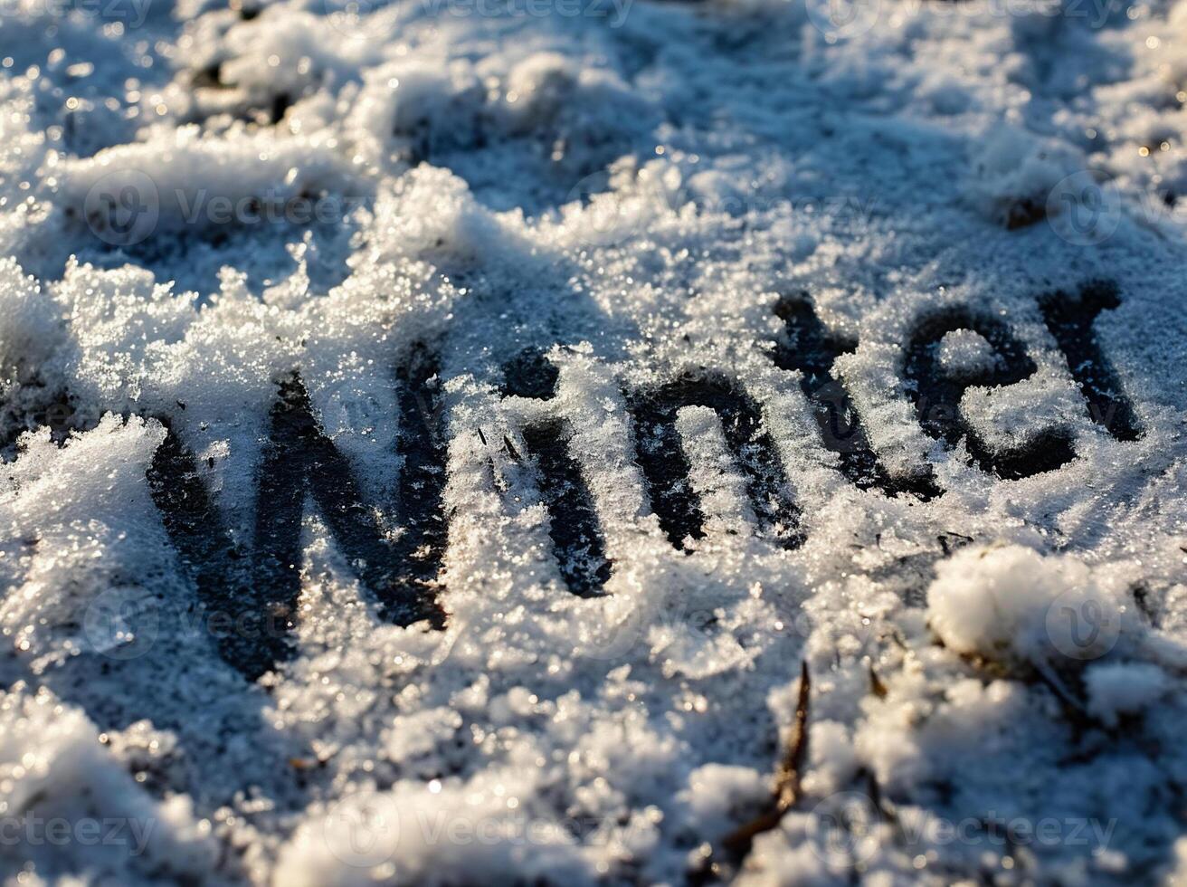 AI generated Winter word written on the snow. Close-up. Selective focus. photo