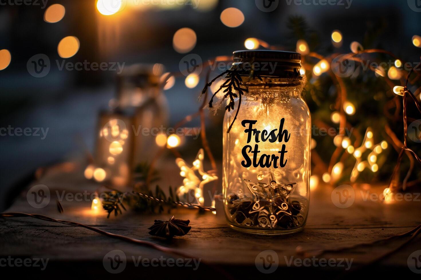 AI generated Close up of a small glass bottle with the text Fresh Start written in it photo