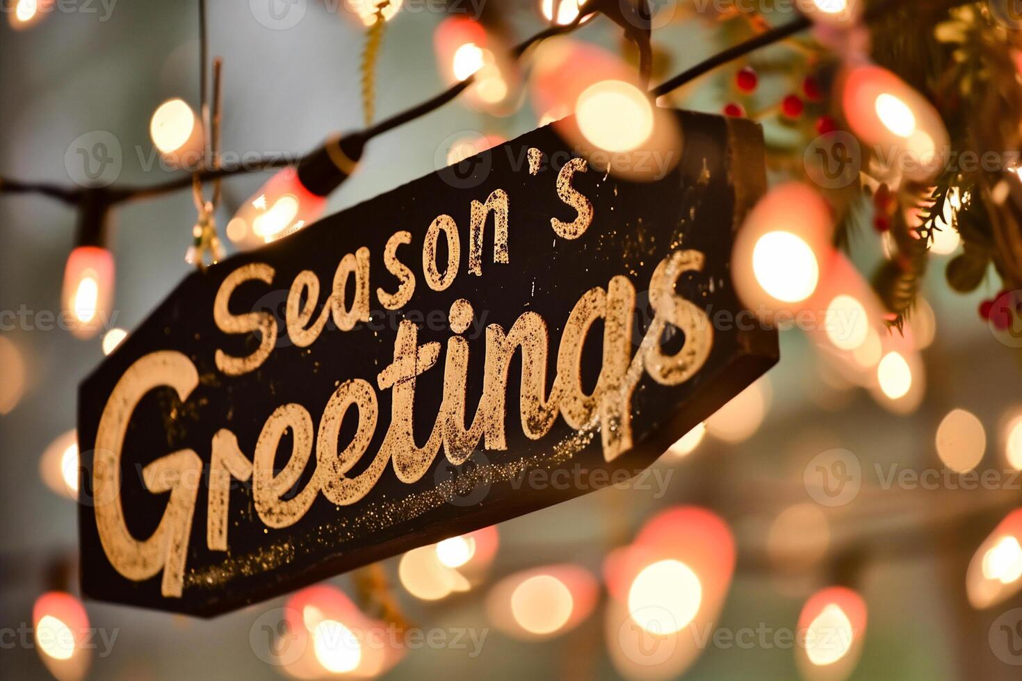 AI generated Christmas greeting card with text Season's Greetings. Blurred background. photo