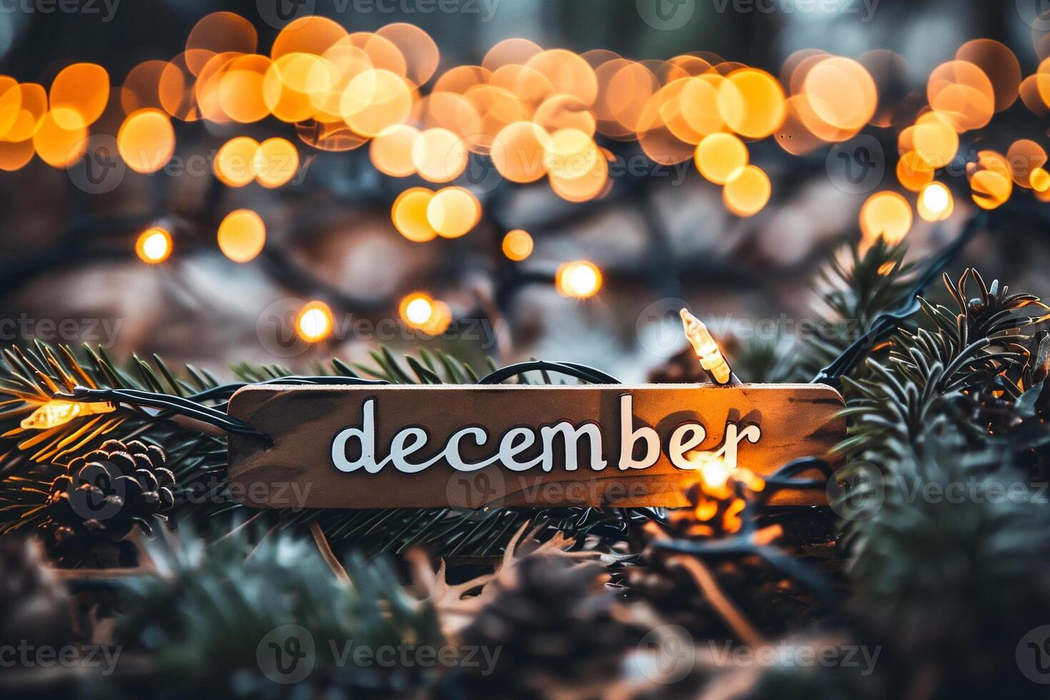 AI generated Wooden sign with the word December in spruce branches, cones and burning candles. photo