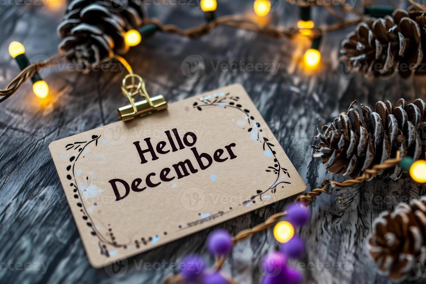 AI generated Hello December text on paper card with christmas lights on wooden background photo