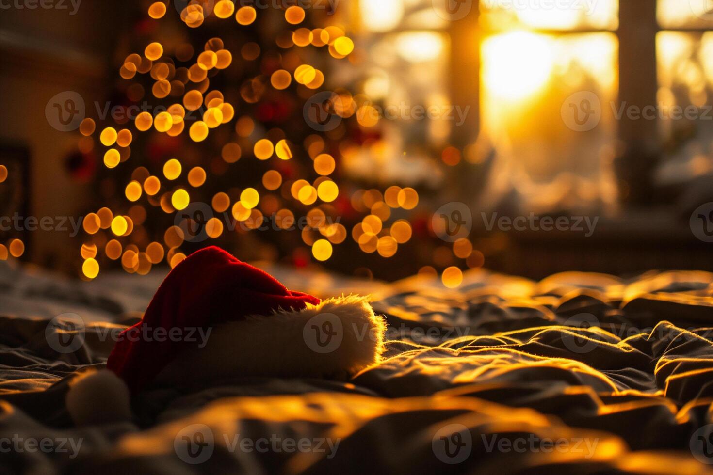 AI generated Santa Claus hat on the bed with Christmas tree in the background. photo