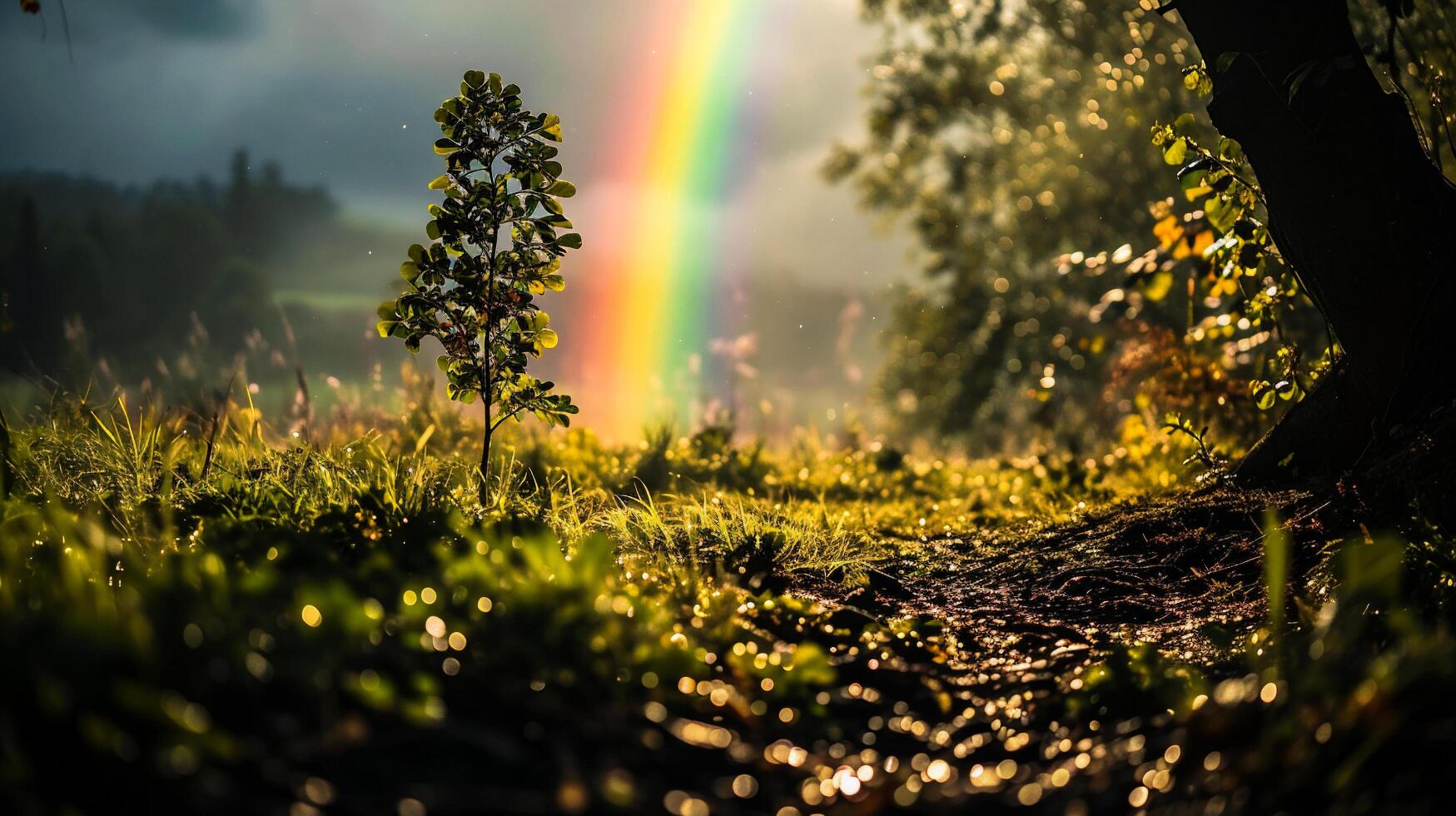 AI generated Rainbow over a tree in a meadow with raindrops. photo