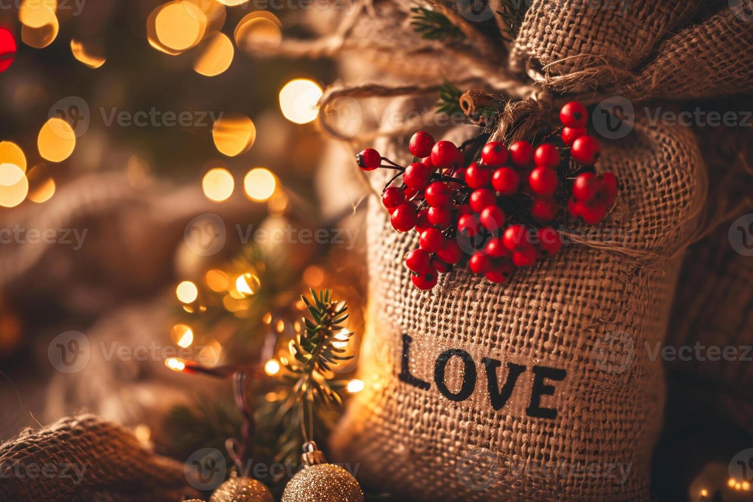 AI generated Christmas and New Year background. Christmas tree, gifts and lights. photo