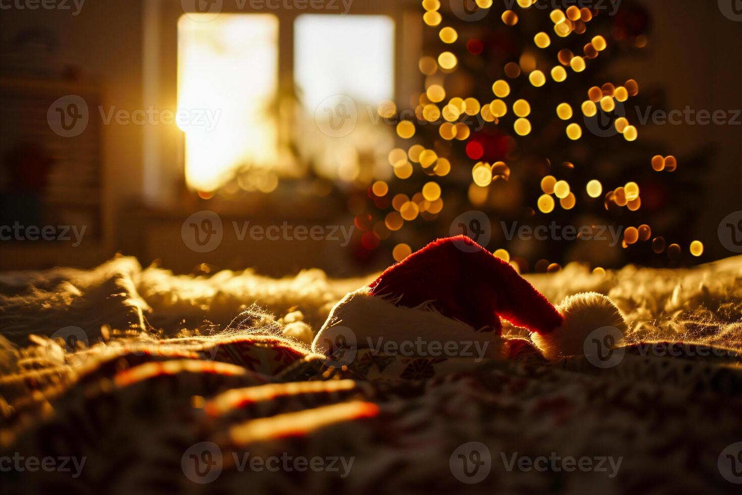 AI generated Santa Claus hat on the bed with Christmas tree in the background. photo