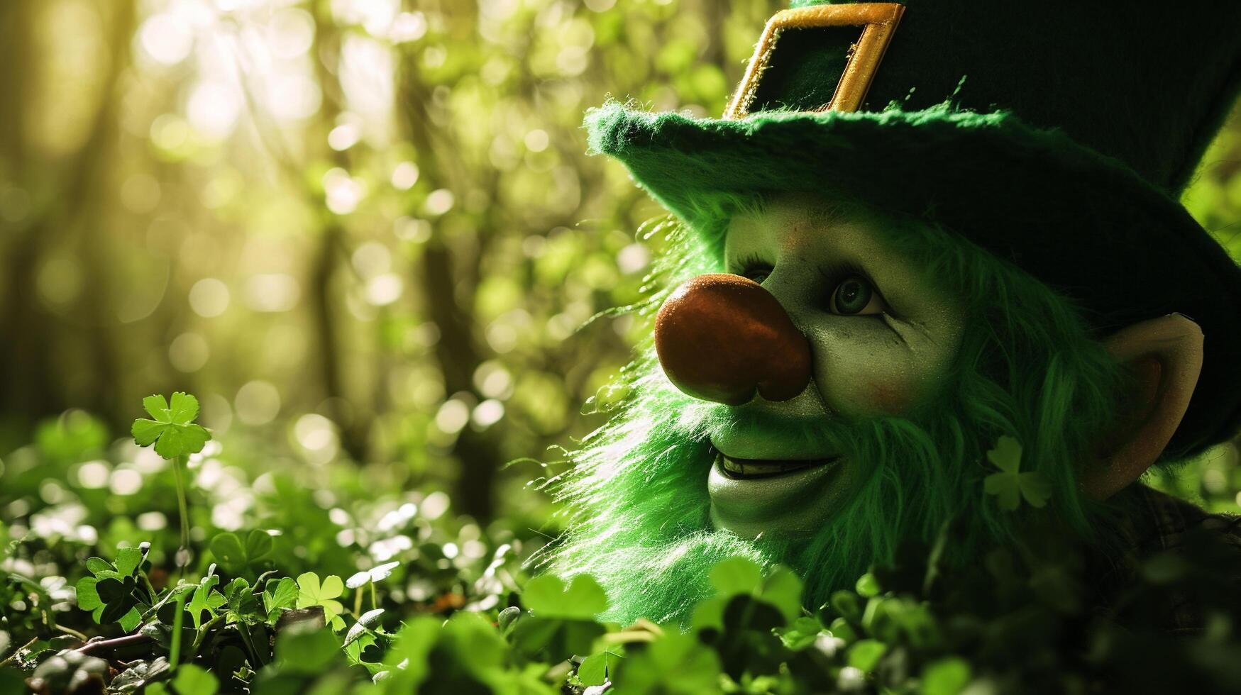 AI generated Leprechaun in the green forest. St. Patrick's Day. photo