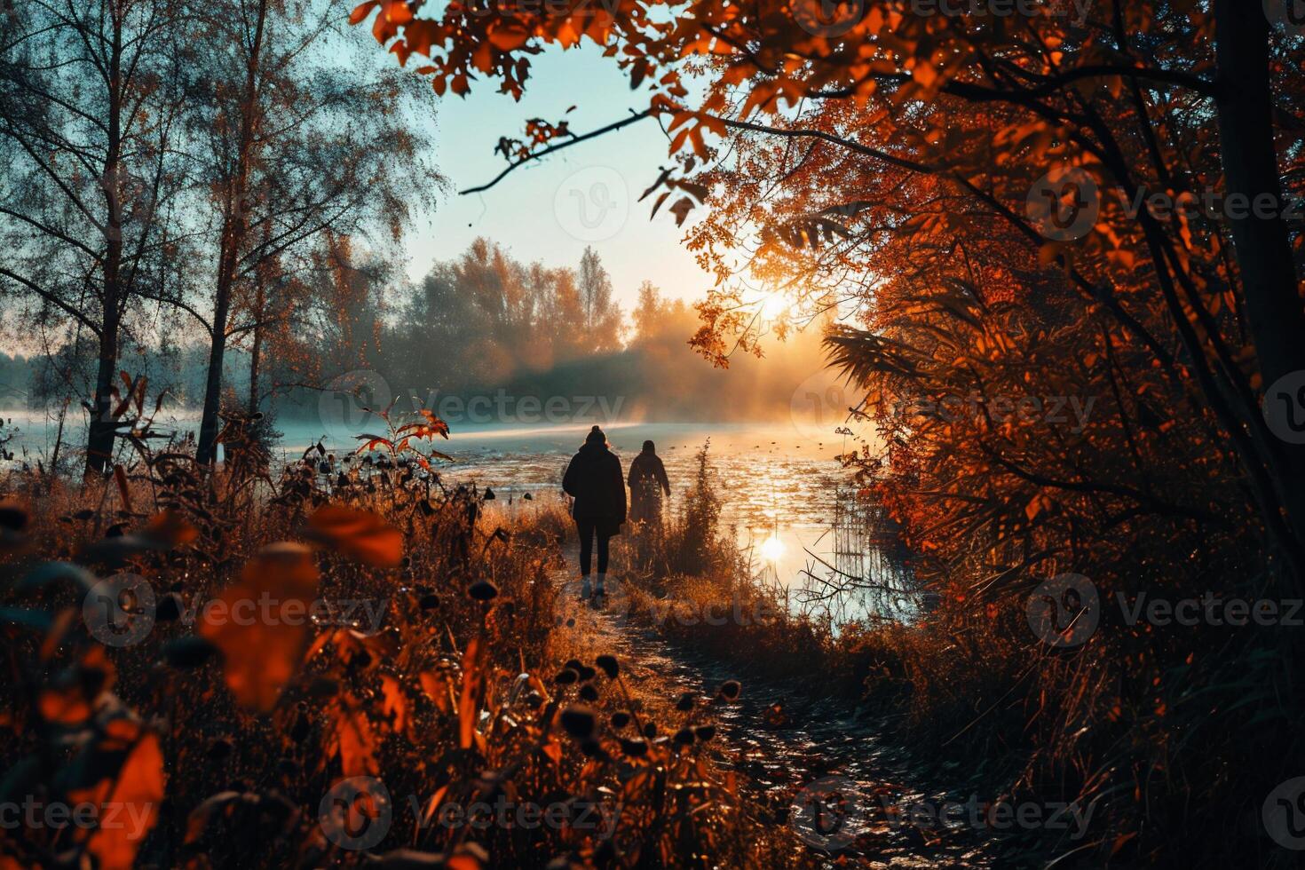 AI generated Autumn landscape with colorful forest and foggy mountains. photo