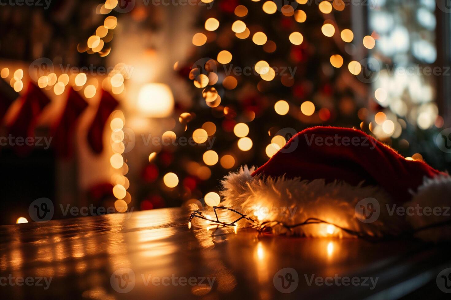 AI generated Santa hat on wooden table with Christmas tree and bokeh background photo