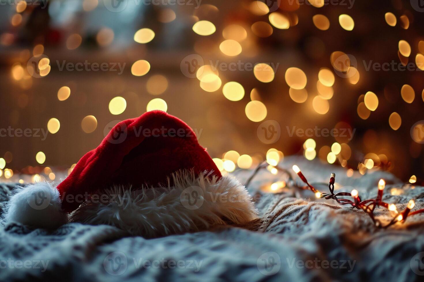 AI generated Santa Claus hat on the bed with Christmas tree in the background. photo