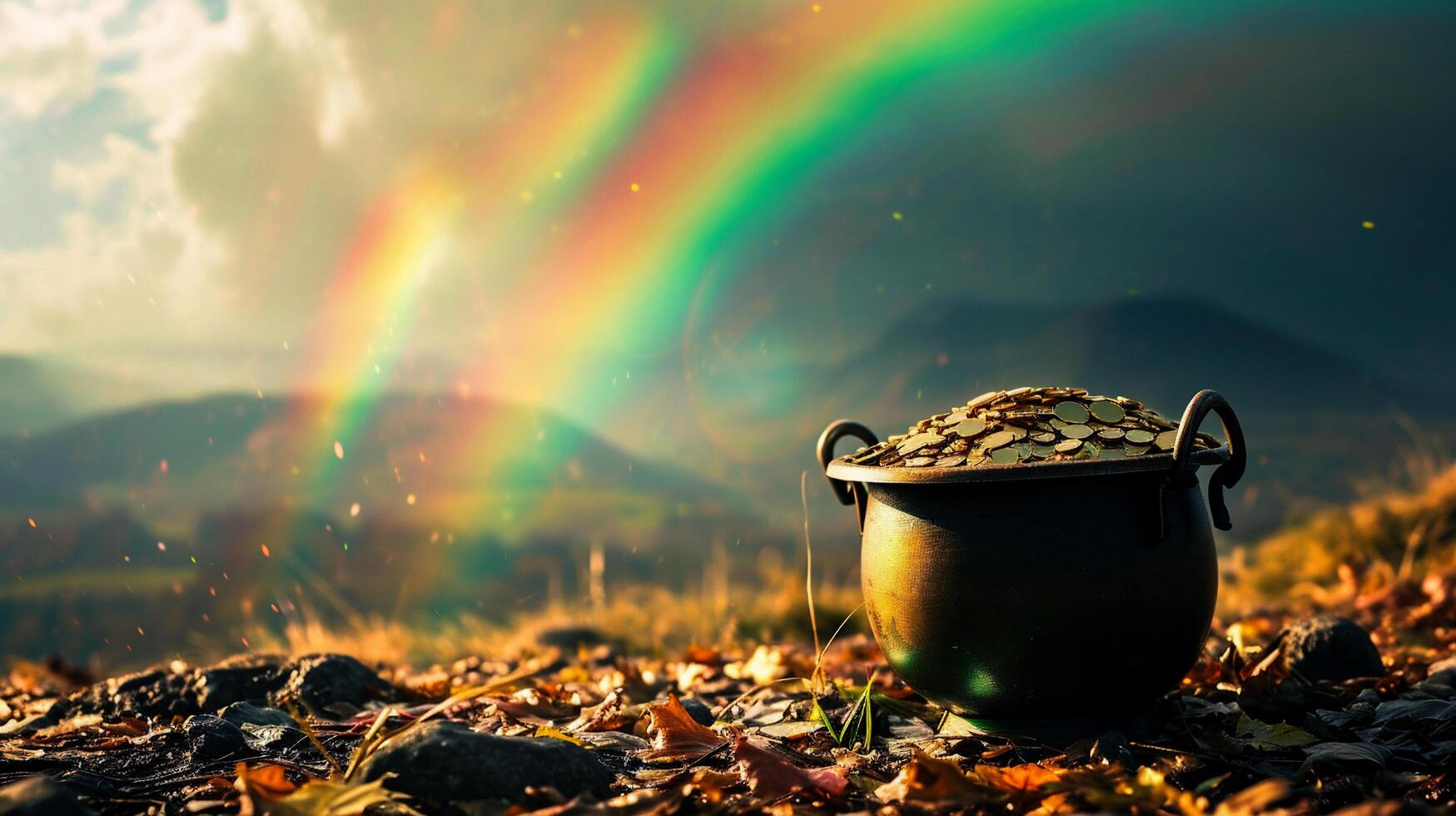 AI generated Pot of gold coins on a background of green grass and flowers. photo