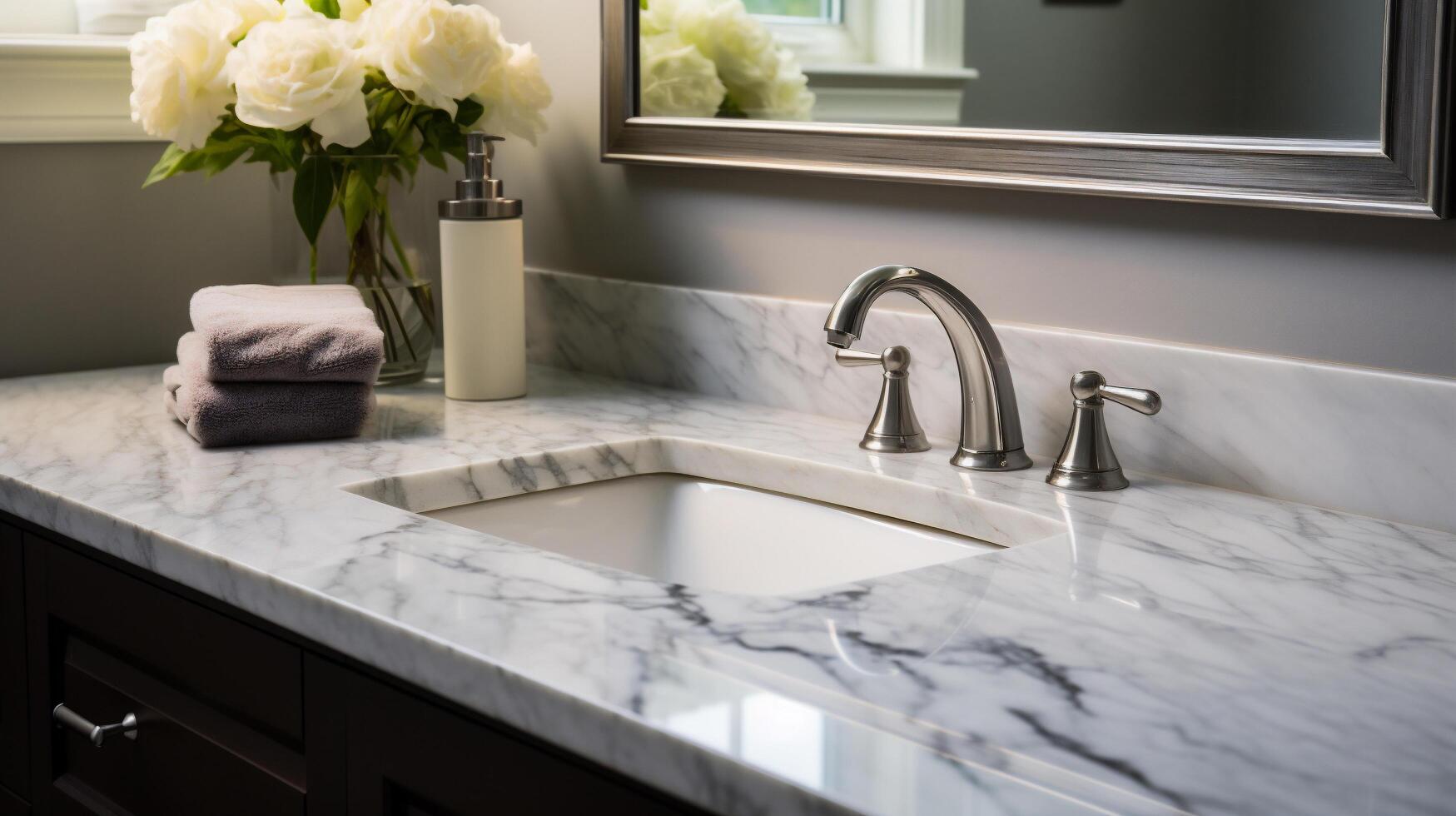 AI generated Luxury marble sink and faucet in modern bathroom interior photo