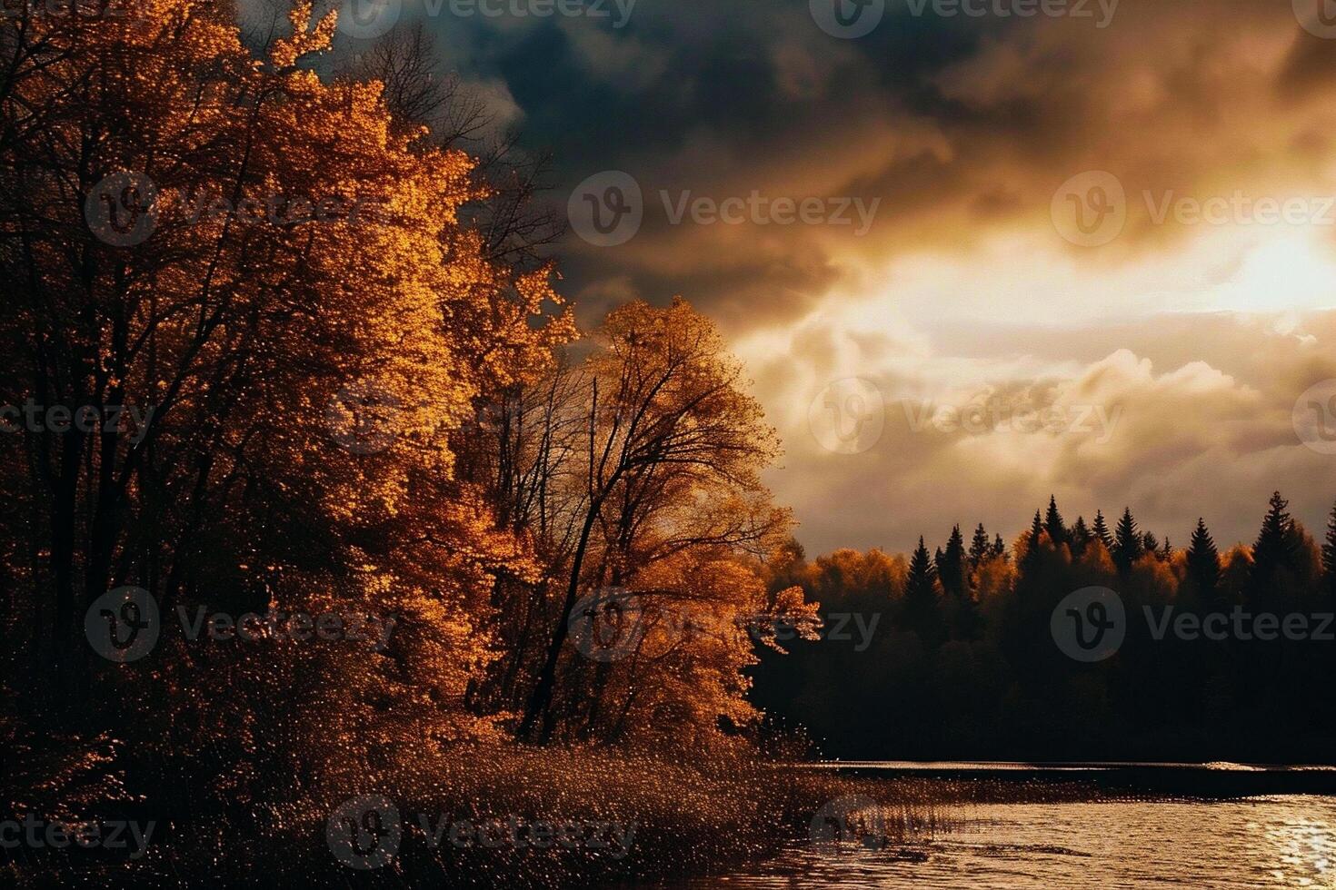 AI generated Autumn landscape with colorful forest and foggy mountains. photo