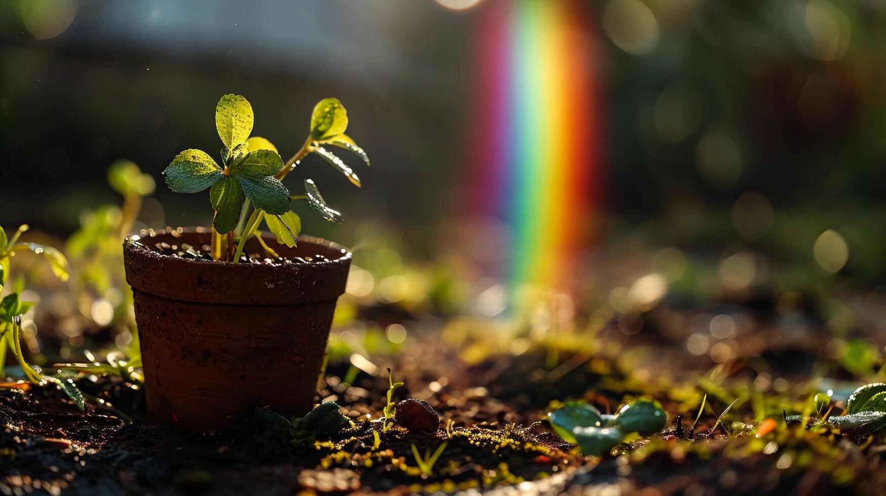 AI generated Small seedlings growing in a clay pot with a rainbow in the background photo