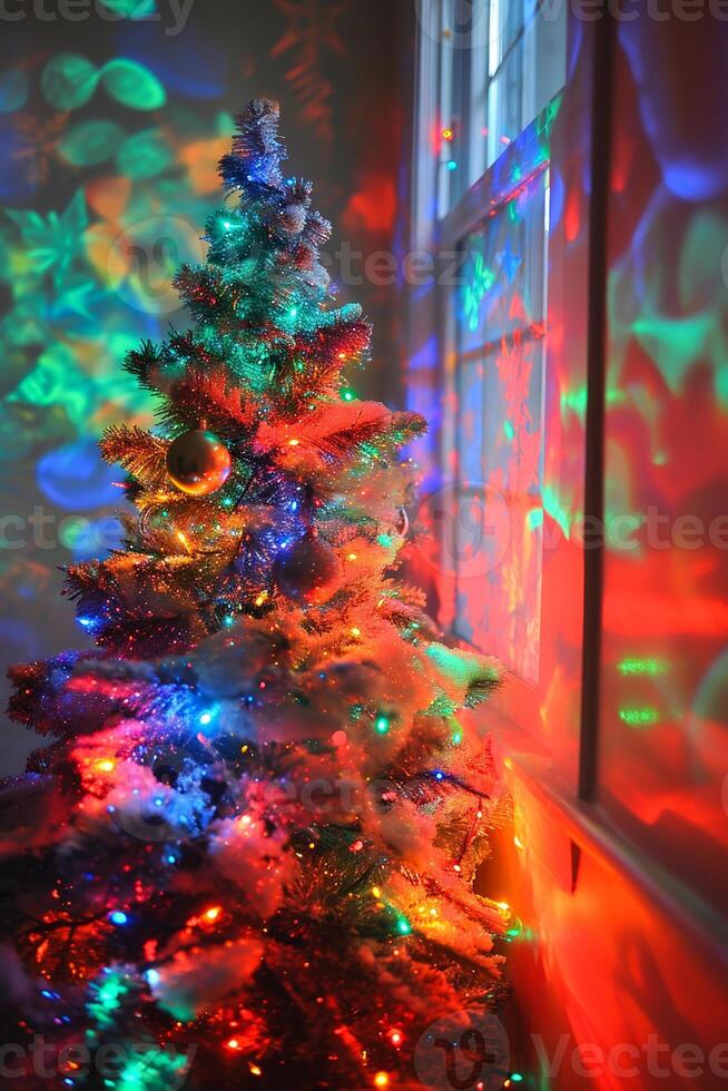 AI generated Christmas tree with colorful bokeh lights on the windowsill. photo