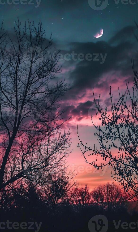 AI generated Beautiful winter landscape with snow covered trees and sunset in the background photo