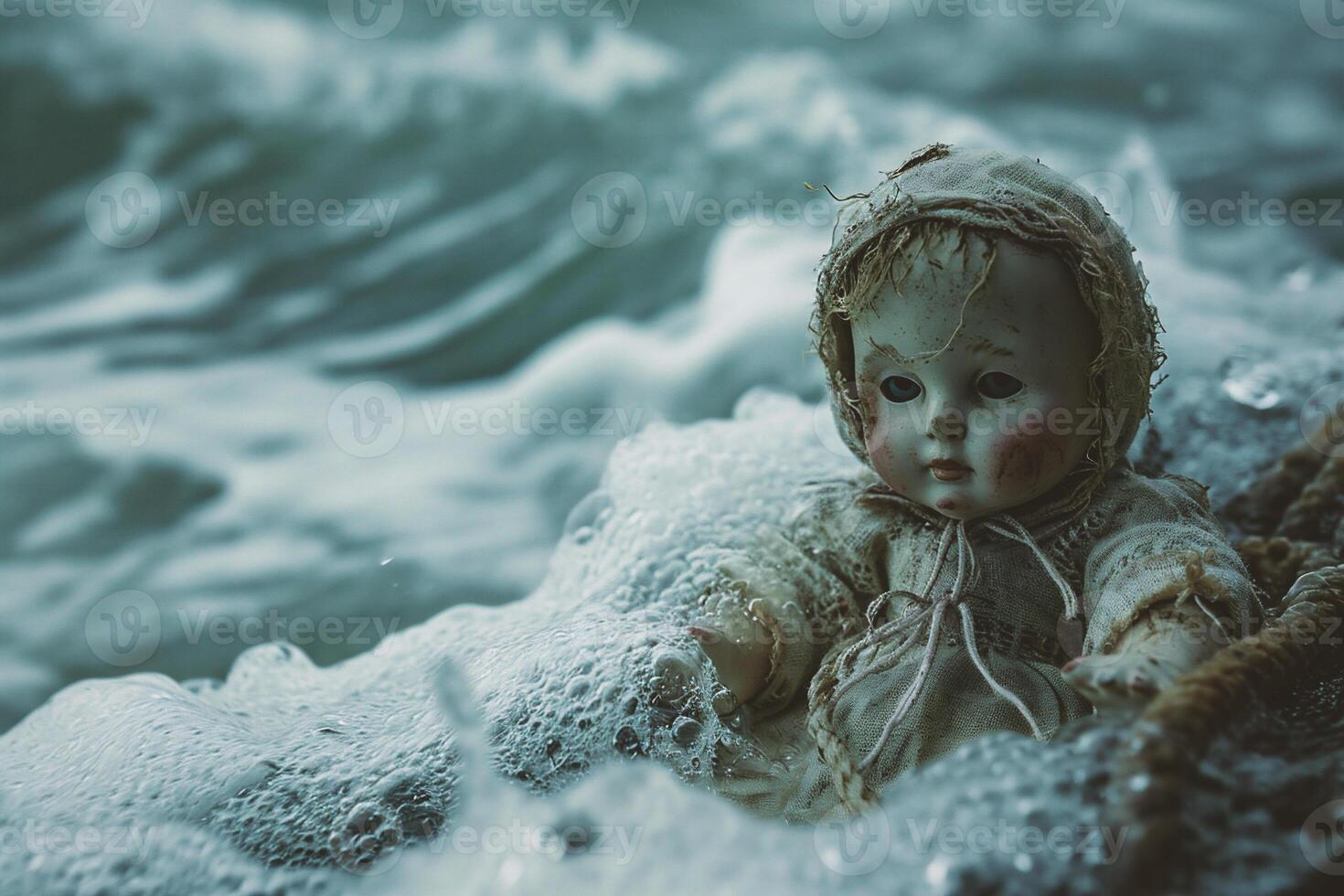ai generado muñeca en el mar foto