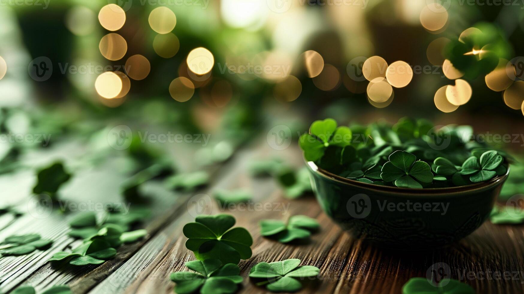 AI generated St. Patrick's Day background with shamrocks and golden coins photo