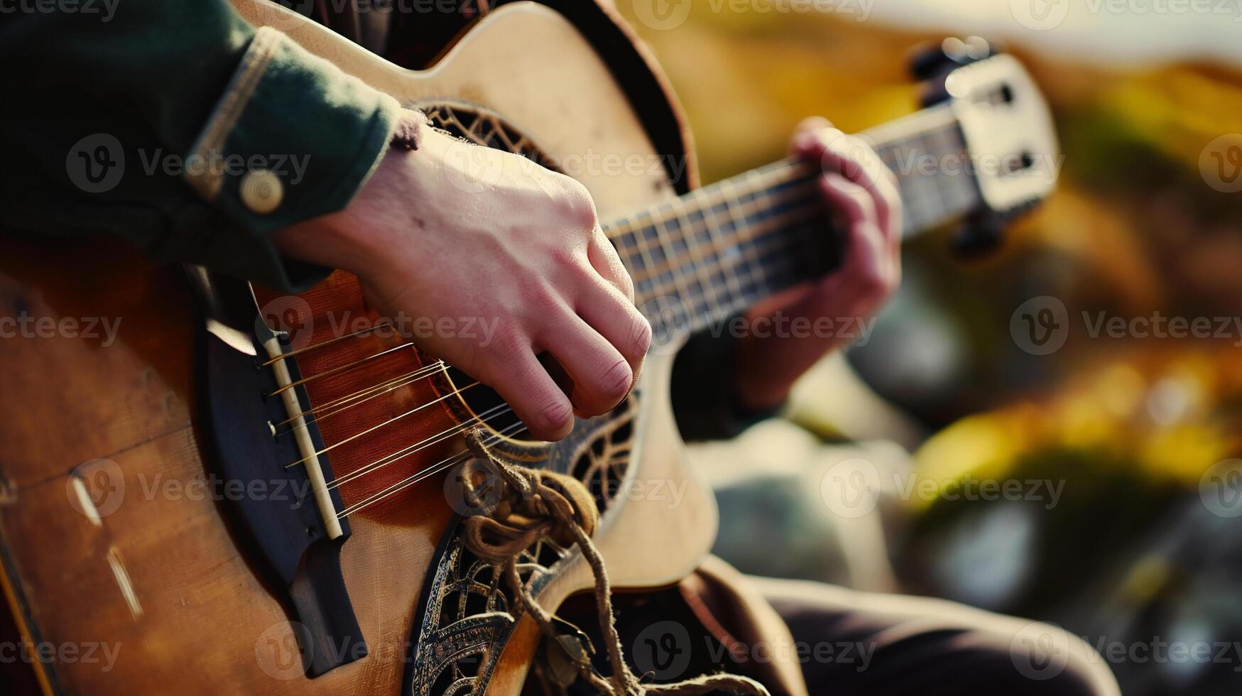 AI generated Man playing the guitar on a rock music festival. Close-up. photo