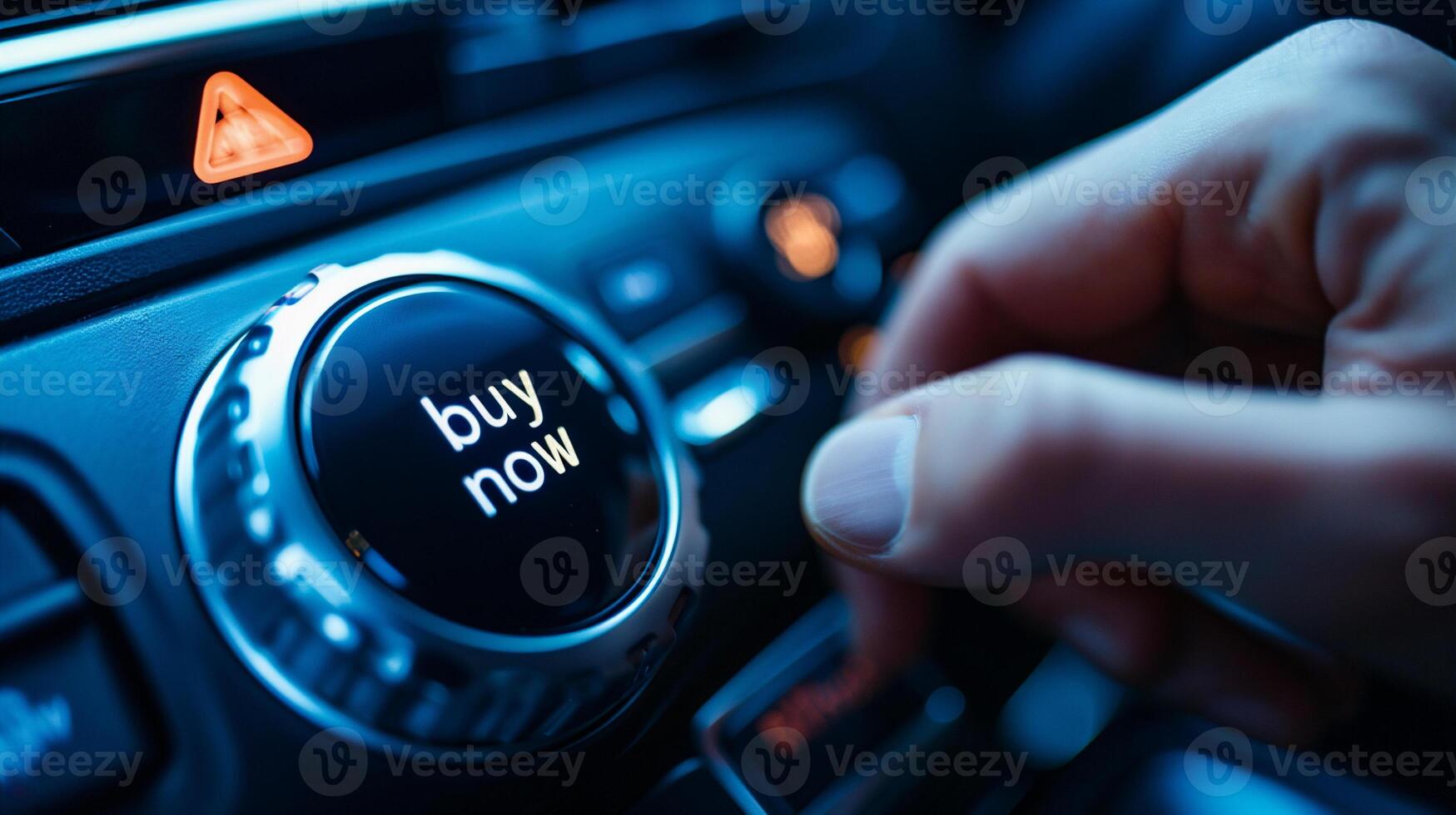 AI generated Close-up image of a man's hand pressing the button buy now on the car dashboard photo