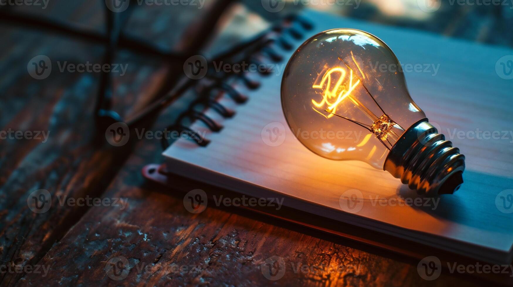 AI generated light bulb and notebook on wooden table,idea and business concept photo