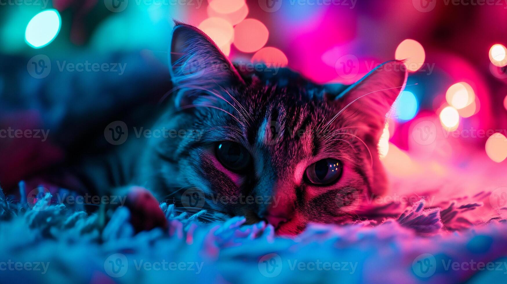 ai generado linda atigrado gato con Navidad luces en antecedentes foto