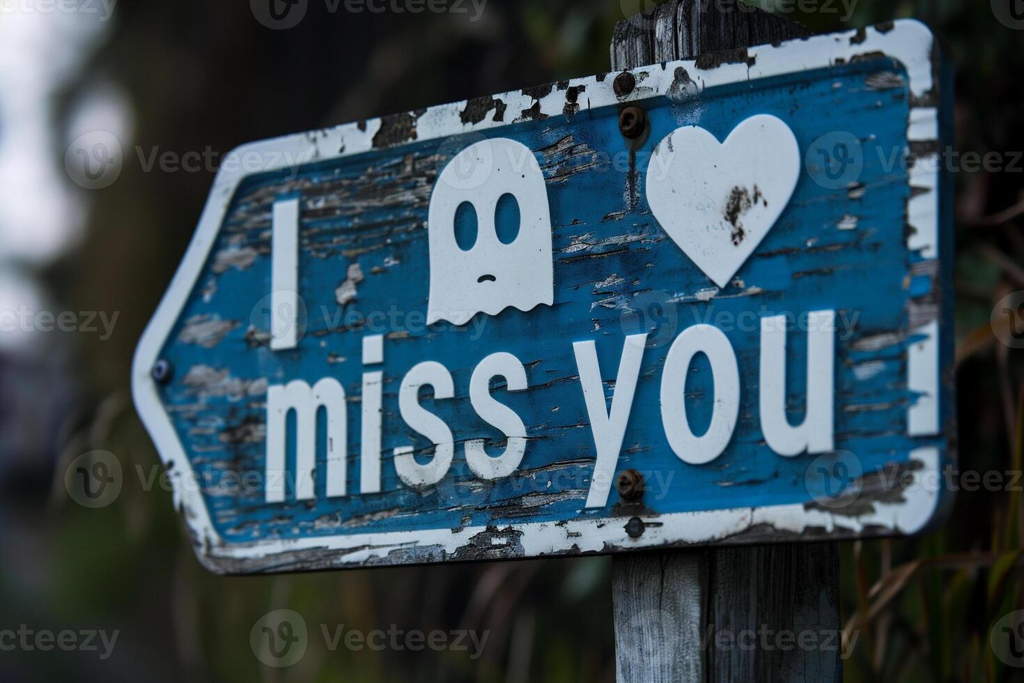 AI generated I miss you sign on a wooden post with a heart in it photo