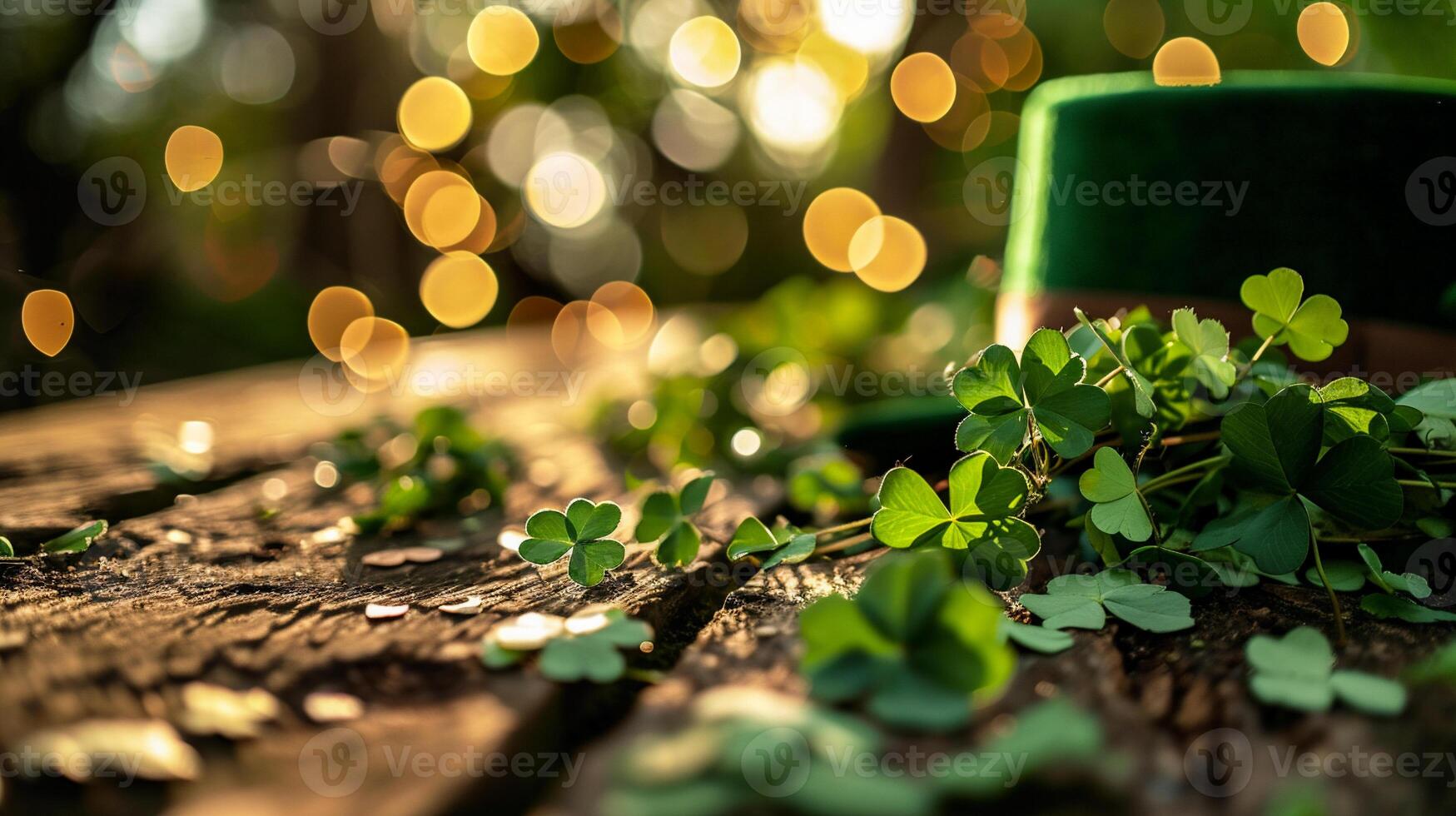 AI generated St. Patrick's Day background with clover leaves and green hat photo