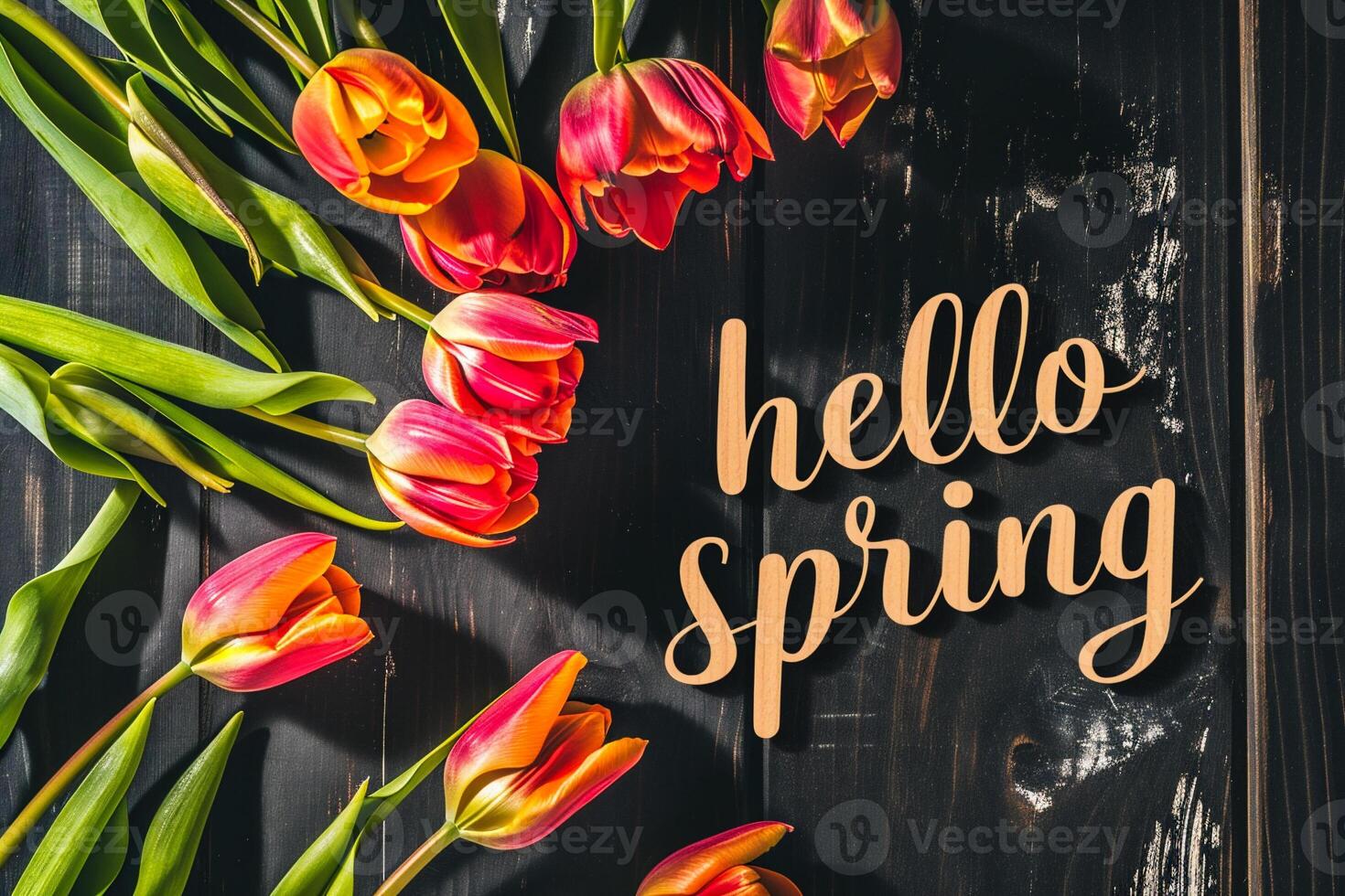 AI generated Hello Spring lettering with tulip flowers on dark wooden background. photo