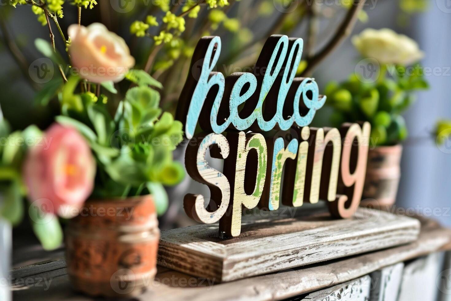 AI generated Hello Spring text with flowers in pots on a rustic wooden background photo
