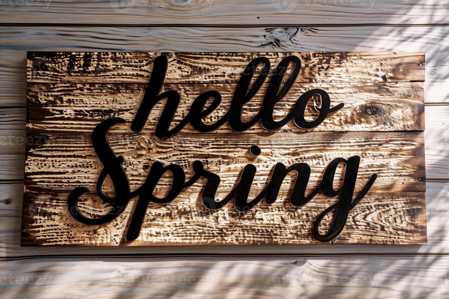AI generated Hello Spring Sign on Wooden Background. Hello Spring. photo